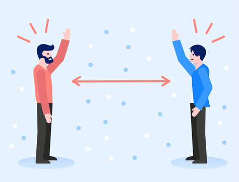People greeting with long distance for prevent the Covid-19 infection. Coronavirus pandemic prevention. Social distancing concept illustration.