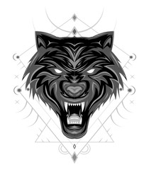 Wolf mascot art. Frontal symmetric image of wolf looking dangerous. WOLVES ILLUSTRATION