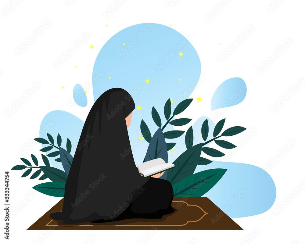 Wall mural moslem women read quran, elegant flat illustration, suitable for education, ramadan, happy iftar and