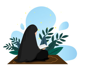 Obraz premium Moslem Women Read Quran, Elegant Flat Illustration, Suitable For Education, Ramadan, Happy Iftar and Eid Al Fitr, Modern Islamic Poster Design
