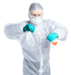 Infection Control Medical Specialist in protective suit and respirator mixes virus and antidote potions. Isolated