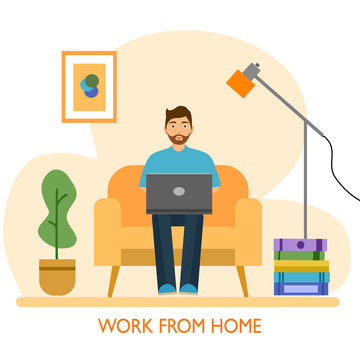 A Man Working At Home Concept Vector Illustration On White Background.  Freelancer Character Working From Home With Laptop Sitting In Cozy Armchair. Home Office. Remote Work.