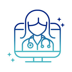 online health, female doctor with stethoscope in computer covid 19 pandemic gradient line icon