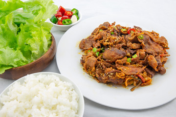 Stir fried with pork and vegetables sprinkle sesame seeds