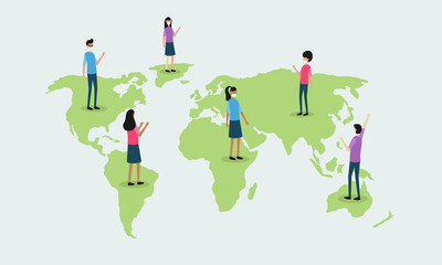 people of the world who are saving the earth from coronavirus (covid-19) is an infectious disease. they are using white medical face mask. standing on continent. multiethnic group. vector graphic