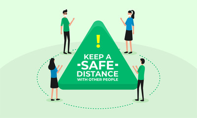 Social and physical distancing, safe distance in public society people to protect from COVID-19 coronavirus outbreak spreading concept, man and woman keep a distance in a meeting. vector illustration