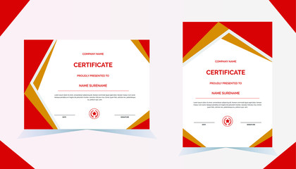 Creative certificate of appreciation award template with red & orange color shapes and badge diploma vector template