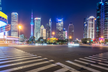 Night view of architectural street in Lujiazui Financial District, Shanghai..
