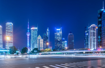 Night view of architectural street in Lujiazui Financial District, Shanghai..