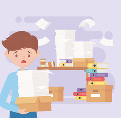 stressed employee with box and papers in the office work frustration