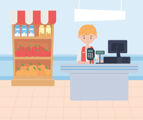 man cashier supermarket shelf food excess purchase
