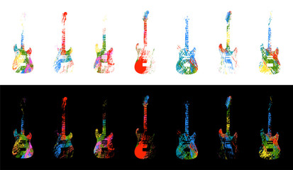 Set of acoustic musical rock guitars in bright colorful style. Web logo, design element on black and white backgrounds