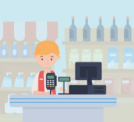 seller market cashier register shelves food excess purchase