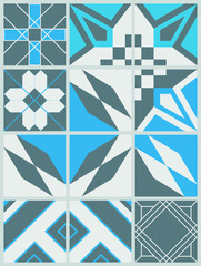 Tile background with blue and grey geometric mosaic pattern