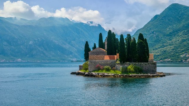 The tiny island of St. George in the beautiful Bay of Kotor, Montenegro, home to a 12th century Benedictine monastery.