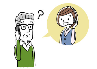 Stock illustration: call center, senior man talking with operator woman