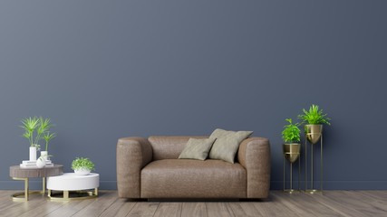 Living Room interior with blue velvet armchair and cabinet.