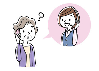 Stock illustration: call center, senior woman talking with operator woman