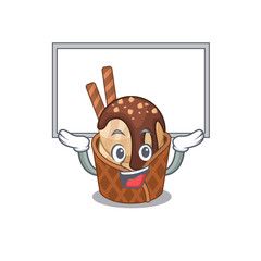 Happy cartoon character of coffee ice cream raised up board