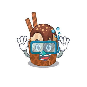 A cartoon picture featuring coffee ice cream wearing Diving glasses