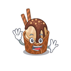 Smiley coffee ice cream cartoon mascot design with waving hand