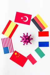 Concept of Corona virus Covid-19 outbreak with flags on white background top-down