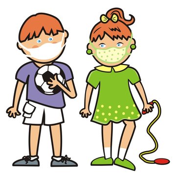 Two small children with sports equipment, boy and girl at protective mask. Color vector illustration on white background.