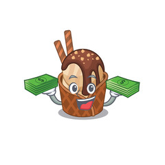 happy face coffee ice cream character having money on hands