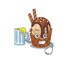 Cheerful coffee ice cream mascot design with a glass of beer