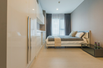 Modern peaceful Bedroom interior design in apartment.