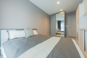 Modern peaceful Bedroom interior design in apartment.