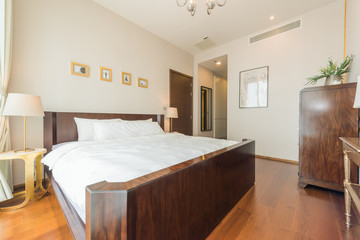 Modern peaceful Bedroom interior design in apartment.