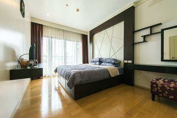 Modern peaceful Bedroom interior design in apartment.