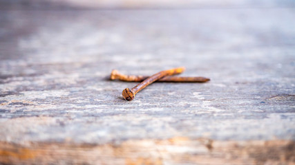close up rusty curved nails wintage wooden plank texture background