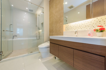 Luxury bathroom bright colors in apartment 