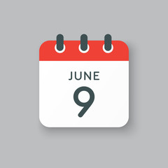 Icon calendar day 9 June, summer days of the year