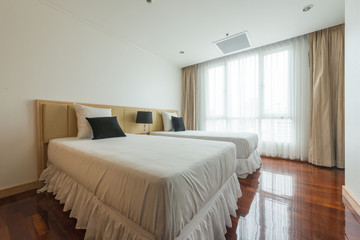 Modern peaceful Bedroom interior design in apartment.