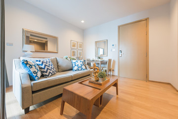 Modern living room and kitchen in small apartment 