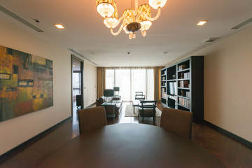Modern living room and kitchen in small apartment 