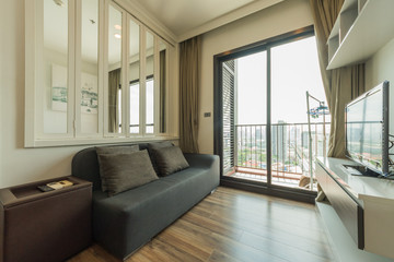 Modern living room and kitchen in small apartment