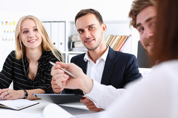 Group of people deliberate on white board problem in office closeup. Graph consult idea participate creative talk review situation job document explain council train successful decision concept