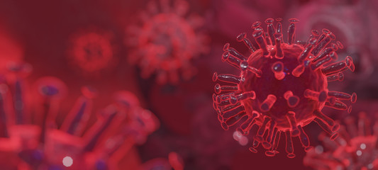 Virus or bacteria cells in blood vein Microscope close up wide banner background. COVID-19 Coronavirus background ,responsible for world flu outbreak and STOP coronavirus pandemic. 3d rendering