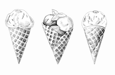 Set of ice cream.Soft ice cream in a waffle cone. Engraving. Graphics. Hand-drawn.