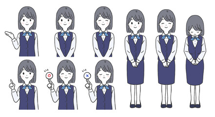 制服を着た受付けの女性のポーズセット