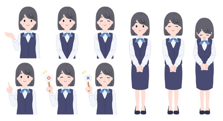 制服を着た受付けの女性のポーズセット