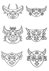 Minimalistic creative line art. Black icon isolated on white background. Angry demon head with horns, third eye, nose and lips. Spiritual modern tattoo. Halloween mask. Original illustration. Devil.