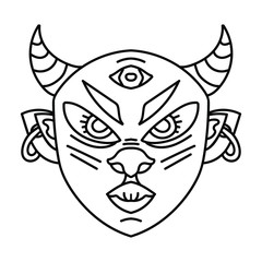 Minimalistic creative line art. Black icon isolated on white background. Angry demon head with horns, third eye, nose and lips. Spiritual modern tattoo. Halloween mask. Original illustration. Devil.