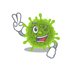 Cheerful coronavirus mascot design with two fingers