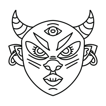 Minimalistic creative line art. Black icon isolated on white background. Angry demon head with horns, third eye, nose and lips. Spiritual modern tattoo. Halloween mask. Original illustration. Devil.