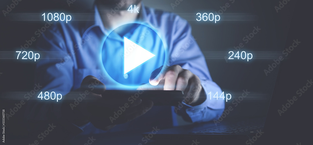 Poster man hand touching video button.